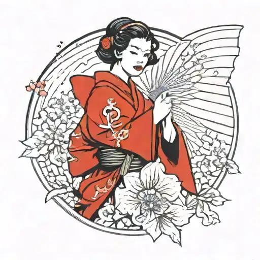 Female Marine Corps Soldier In A Kimono Holding A Fan With Japanese Symbols