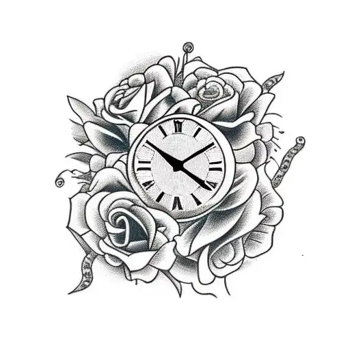 A Tattoo Featuring A Clock Surrounded By Roses And Snakes