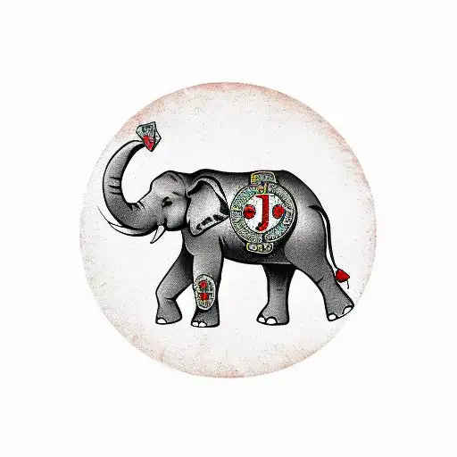 A Traditional Tattoo Of An Elephant Surrounded By Casino Elements Like Dice And Cards