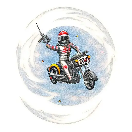 A Detailed Tattoo Of A Motorcycle Riding Across The Moon With The Number 44 Subtly Incorporated