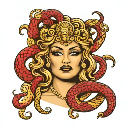 Versace Medusa With Red Eyes Snakes Around Her Head And She Is Smoking A Cigar