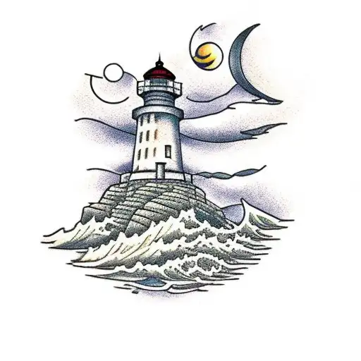 A Traditional Style Lighthouse On A Rocky Shore With A Crescent Moon Overhead