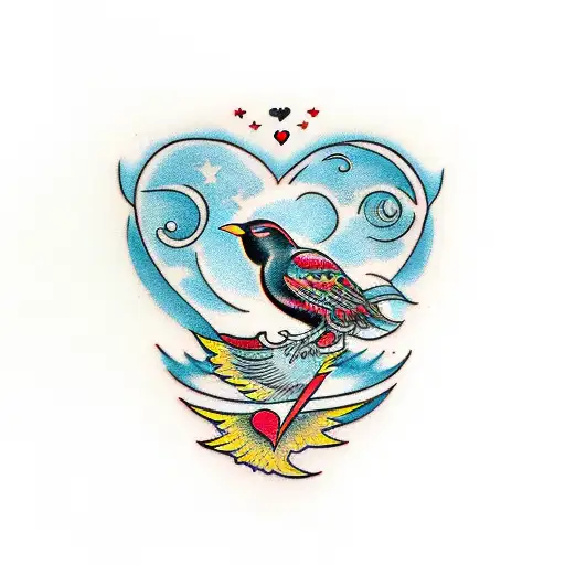 Black Bird With A Red Heart Amongst The Stars