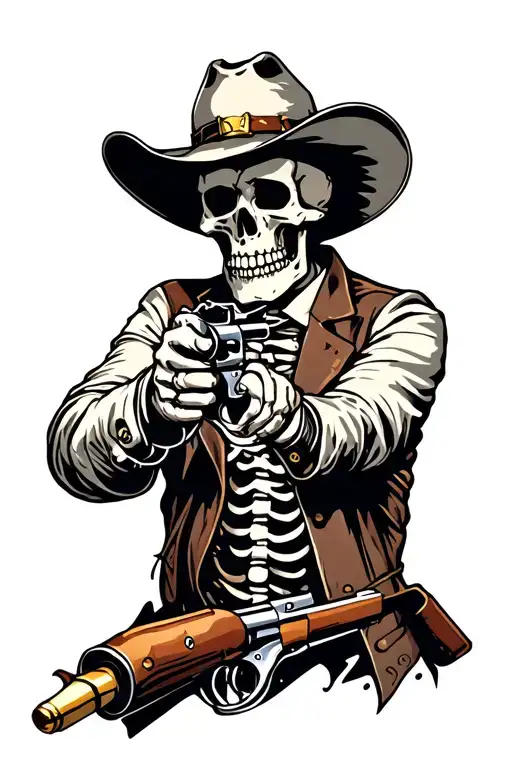 Skeleton Cowboy Shooting A Revolver But The Bullets Are Skulls