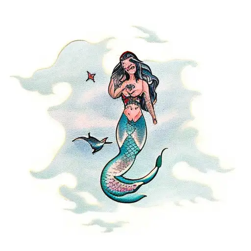 A Traditional Style Tattoo Featuring A Mermaid Gracefully Swimming With Dolphins