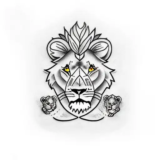 A Family Of A Lion And A Lioness With Cubs