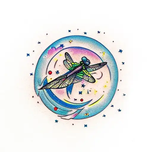 Moon With Dragonfly And Stars