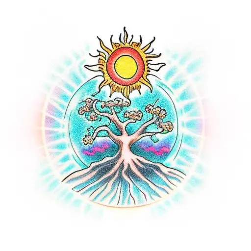 Tree Of Life With A Sun Behind It And Flower