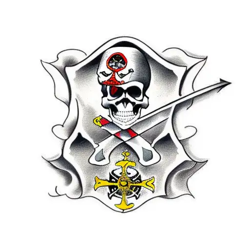 Pirate Skull With Pirate Flag And Sword And Flintlock On Chest