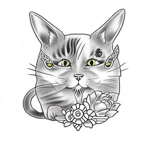 Japanese Yakuza Style Tattoo Featuring A Cat And Bunny In A Traditional Setting