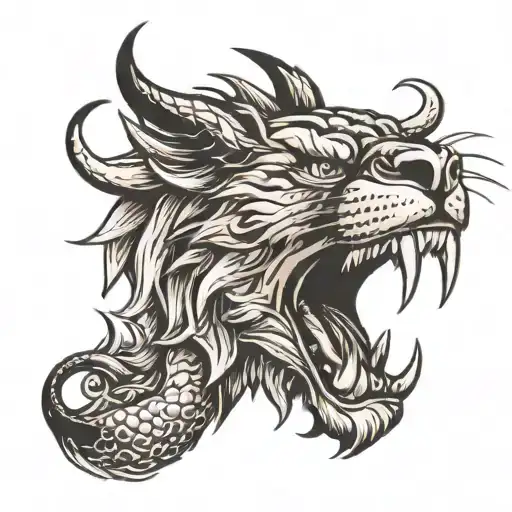 Lion Head With Dragon Coming Out Of Mouth