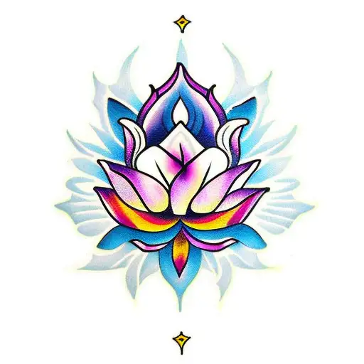 A Traditional Tattoo Combining A Purple Tulip And A Lotus Bloom