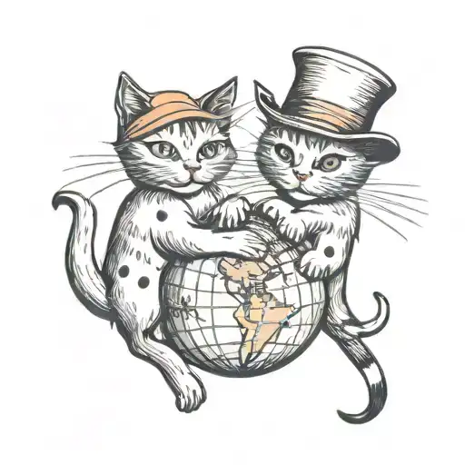 2 In Love Cats Sitting On Earth Globe One With Hat The Other One Orange