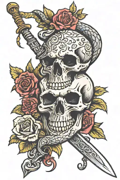 Skull And Snake And Sword And Flowers
