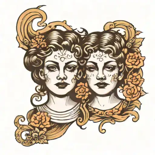 Traditional Style Tattoo Of A Gemini Twins With A Dark And Eerie Background