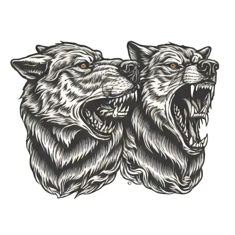 Side Profile Of Two Wolves Snarling At Eachother Facing Each Other