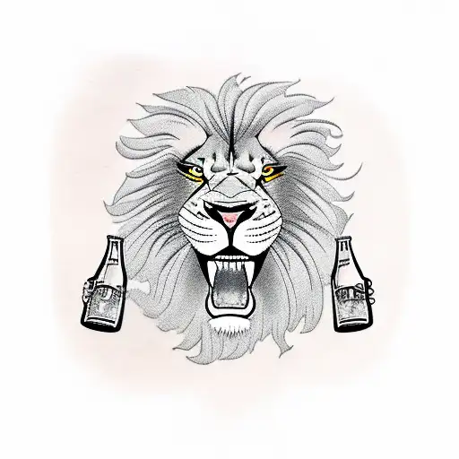 A Fierce Lion Riding A Motorcycle Through A Field Of Beer Bottles