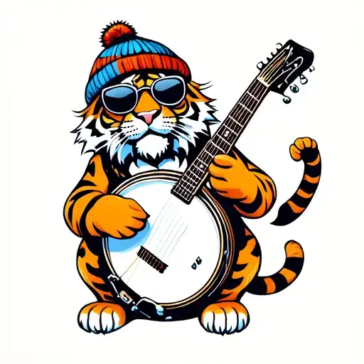 Cute Badass Tiger Playing The Banjo With A Beanie And Sunglasses On