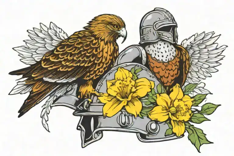 Hawk Perched On Centurion Helmet Adorned With Daffodils