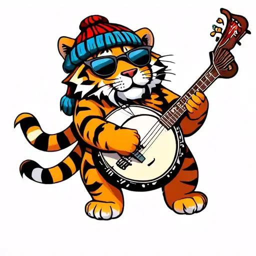 Cute Badass Tiger Playing The Banjo With A Beanie And Sunglasses On