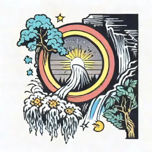 Waterfall Moon Sun Rainbow