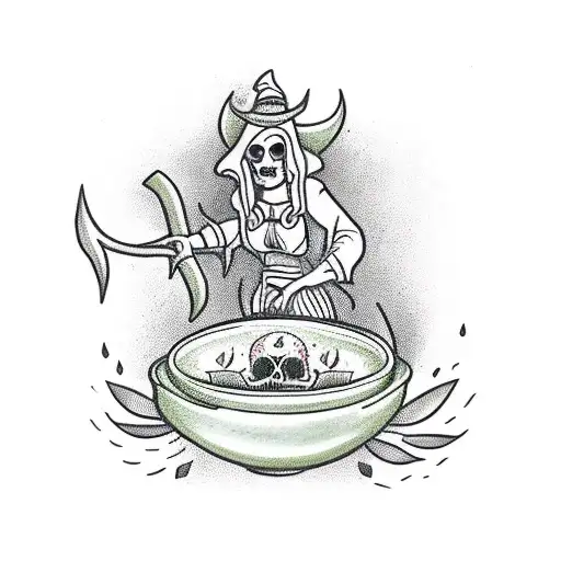 A Witch Stirring A Cauldron Surrounded By Thorns And Skulls