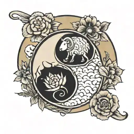 Yin Yang Symbol With Sheep And Flower