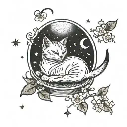 A Cat Sleeping On A Crescent Moon With Cherry Blossom Petals Floating Around