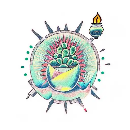 A Traditional Style Tattoo Of A Cactus Surrounded By Glowing Light Bulbs