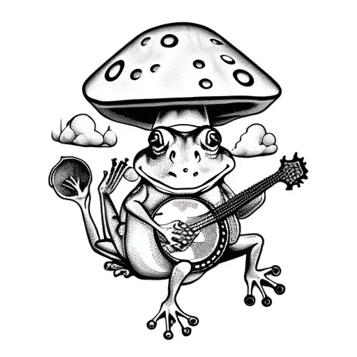 Frog Playing A Banjo And Smoking A Joint Under A Giant Mushroom