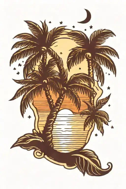 Single Palm Tree And Crescent Moon