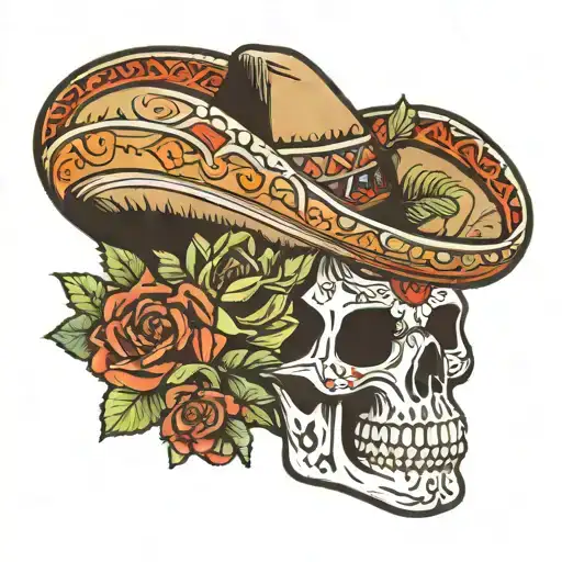 Mexican Skull With Sombrero De Vaquero And Cactus