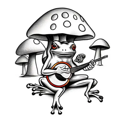 Frog Playing A Banjo While Sitting Under A Giant Mushroom