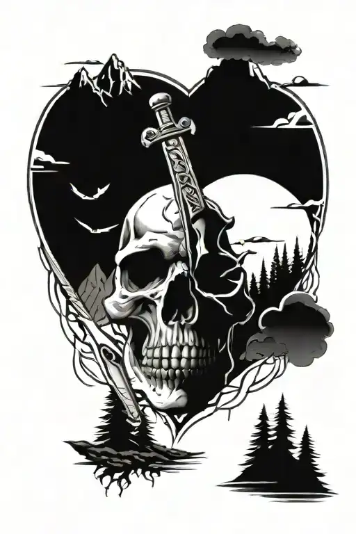 Heart Skull Surrounded By Mountain Range And Knifes