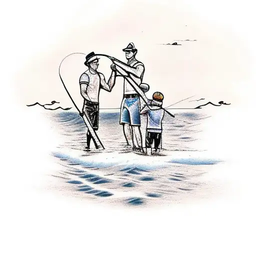 Dad And Two Young Boys Fishing On Side Of River