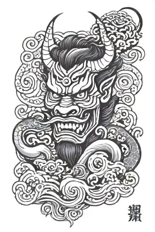 Fuu Dog And Oni Mask Surrounded By Swirling Waves