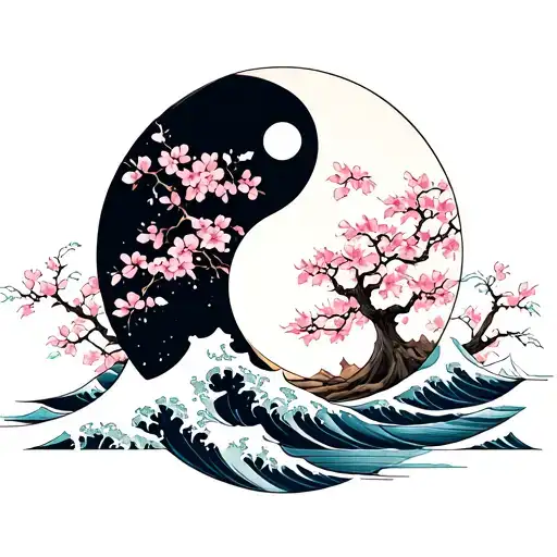 Ying And Yang With Cherry Blossom Tree And A Wave Crashing