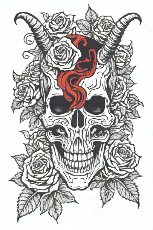 A Skull With A Oni Mask Surrounded By Roses
