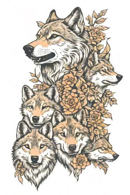 Wolf And 4 Wolf Cubs Face Only With Flowers Surrounding