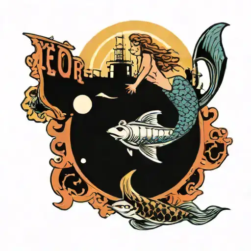 Mermaid Swimming From Underwater Up To A Submarine On The Surface With Sun Rays Coming Down