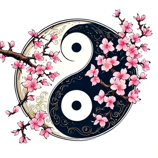Ying And Yang With Cherry Blossom Tree