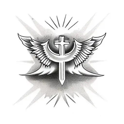 Christian Cross With Angel Wing On The Left Side And Demon's Wing On The Right Side