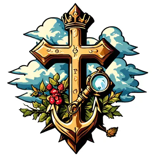 Cross With A Crown And An Ancre And And A Spyglass And A Thornbush With Clouds