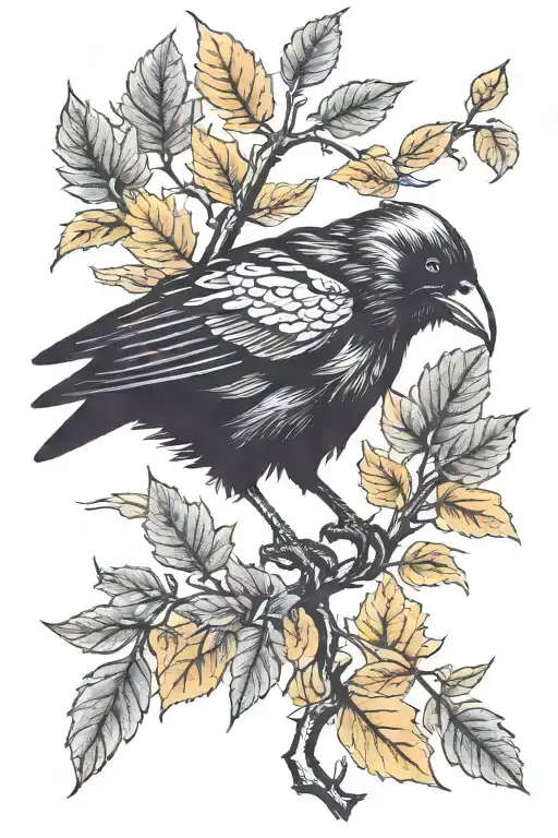 Crow Holding Branch In Mouth Surrounded By Autumn Leaves