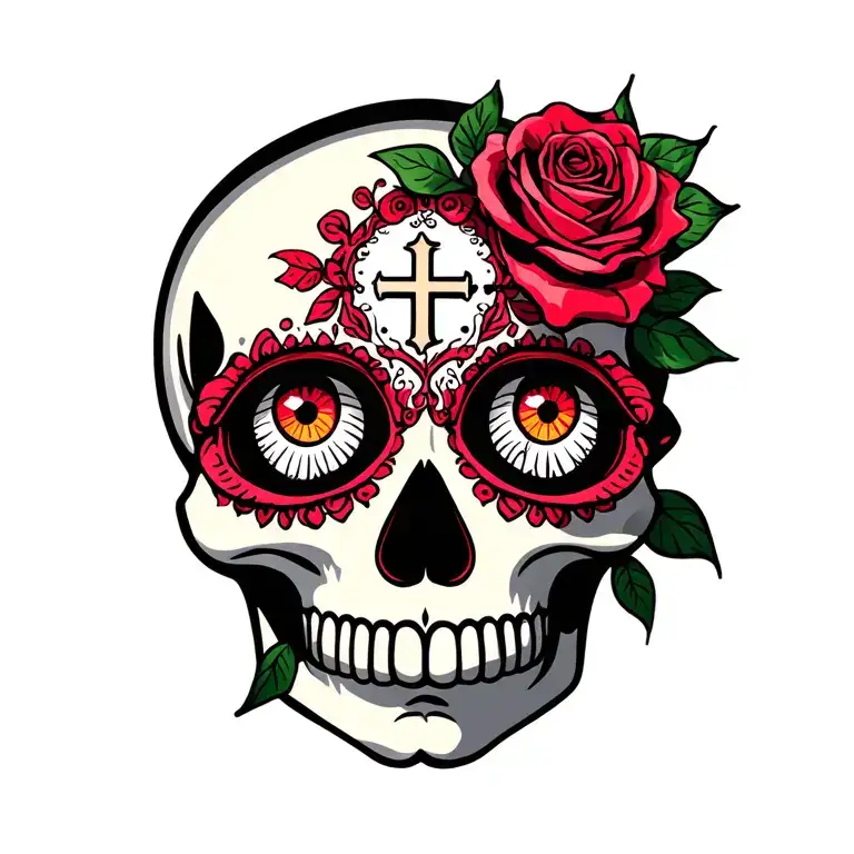 Sugar Skull Rose Eyes With Cross On Forehead