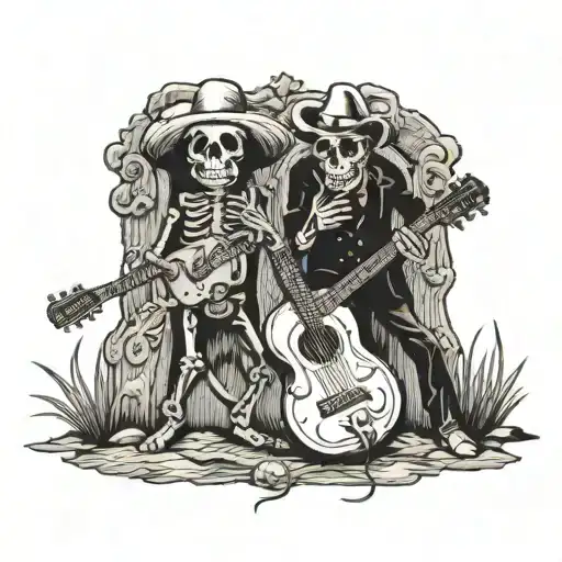 Skeletons Wearing Cowboy Hats And Playing Guitars Dancing Around A Gravestone