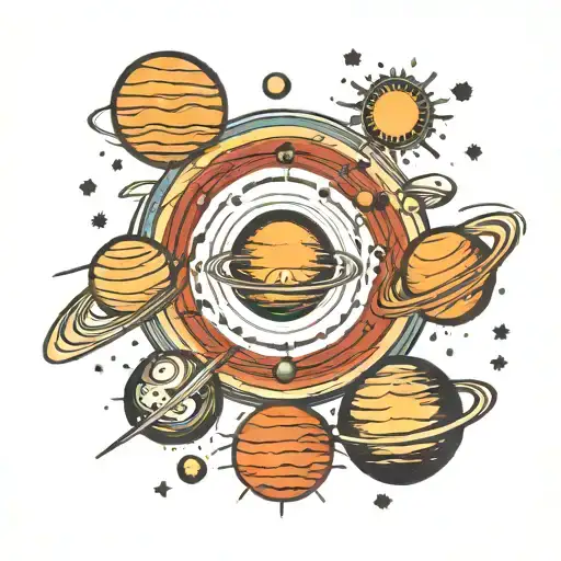 A Traditional Style Tattoo Of The Solar System With Each Planet Represented In Vibrant Colors