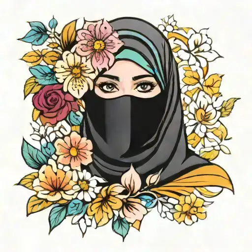 Woman With A Hijab And Niqab With Flowers Blooming Colourful