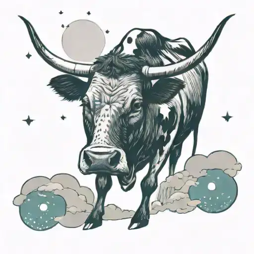A Cow Peacefully Grazing Under A Mysterious Ufo Beam In A Dotwork Style