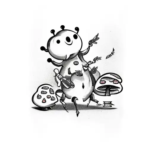 A Traditional Style Tattoo Of A Mischievous Cartoon Bug Playing A Prank On A Group Of Mushrooms